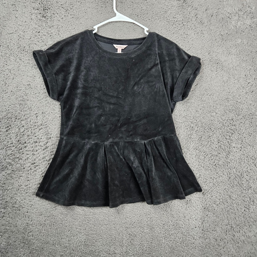 Juicy Couture Black Tie Velour Peplum Top XS Short Sleeve Soft Pullover
